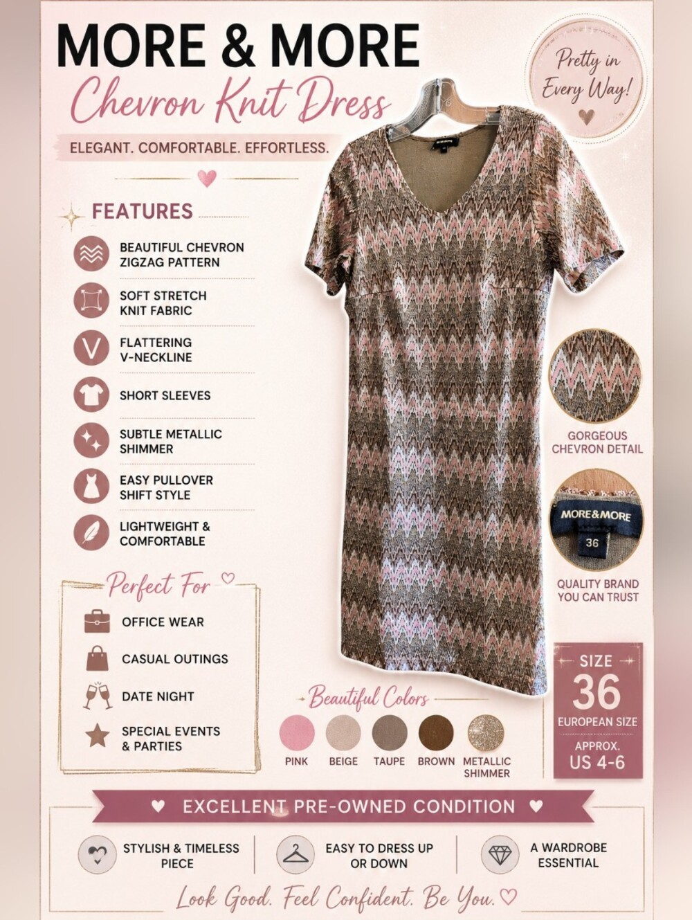 MORE & MORE Women's Chevron Knit Shift Dress Size 36 Pink Brown V-Neck Short Sle
